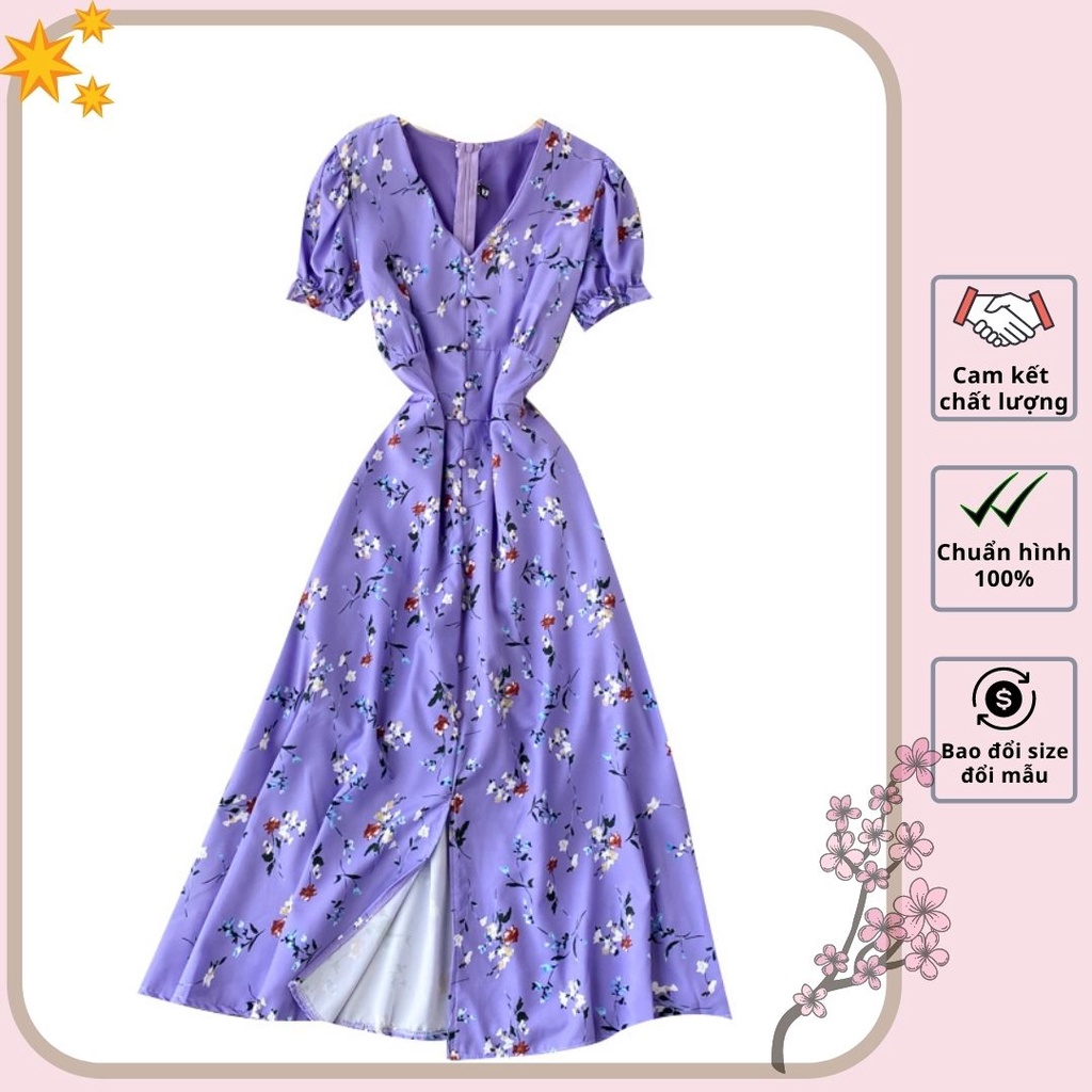 HÀNG NHẬP - ĐẦM XÒE LỤA TÍM IN HOA NHÍ CỔ TIM PHỐI NÚT SIÊU XINH - D148266