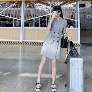 Đầm váy cổ vest xám nút đen