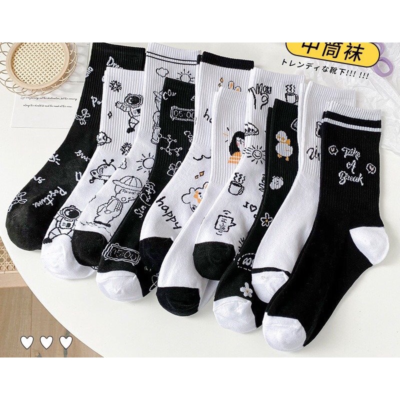Tất cổ cao phong cách Hàn Quốc đen trắng họa tiết dễ thương, vớ cổ cao Hàn Quốc nam nữ