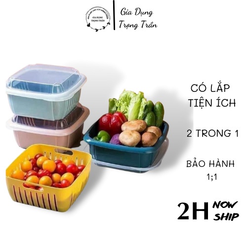 Rổ nhựa kèm chậu 2 trong 1 có lắp đậy đa năng tiện dụng,bộ rổ có lắp đựng thực phẩm tủ lạnh đa năng thớt nước lắpống bụi
