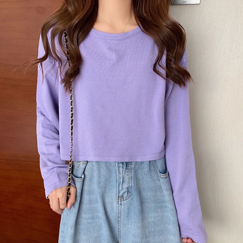 Áo crotop nữ dài tay form rộng trơn basic dưới 60kg