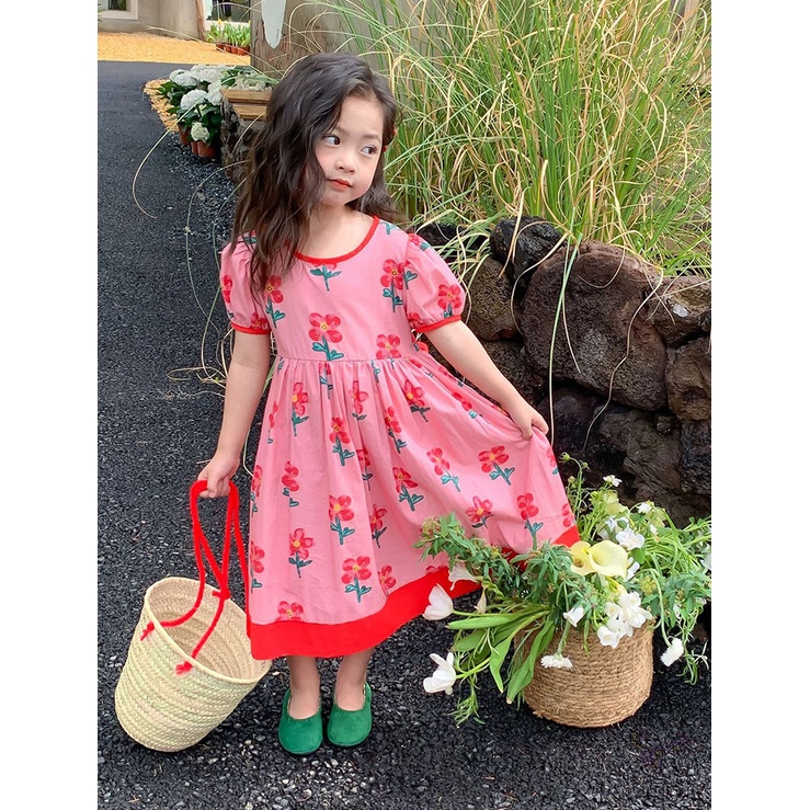 Đầm Công Chúa Tay Phồng Thắt Nơ In Họa Tiết Hoa Phong Cách Hàn Quốc Thời Trang Mùa Hè Cho Bé Gái
