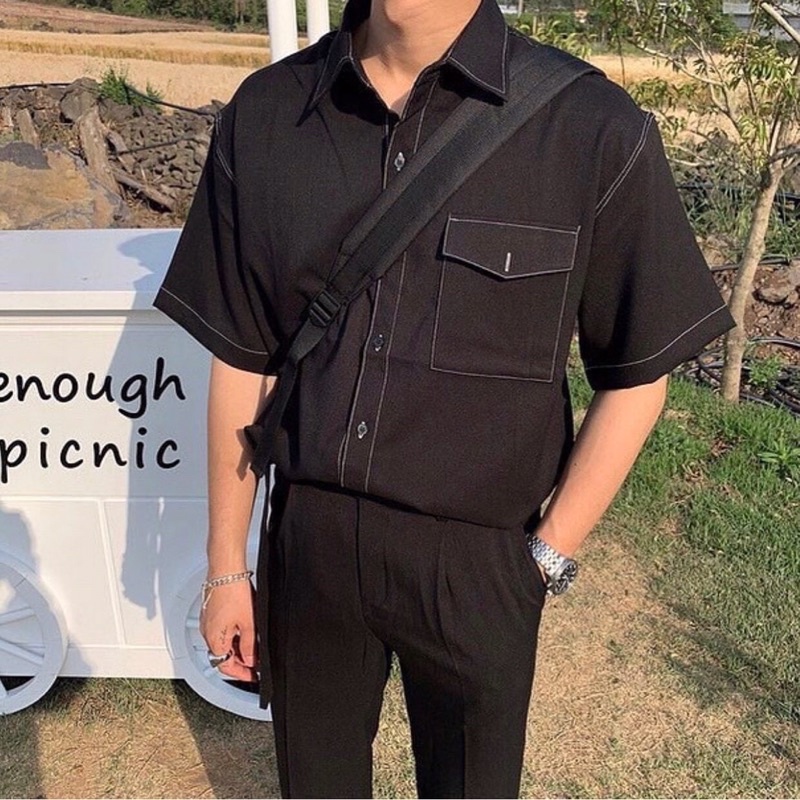 Áo sơmi viền chỉ unisex màu ĐEN/TRẮNG  somi ngắn tay/ Nam nữ unisex / JEJUL store