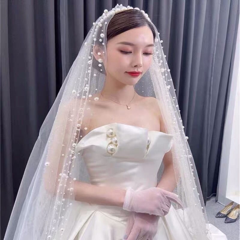 Mạng che mặt cô dâu đính ngọc trai phong cách Mori cổ điển