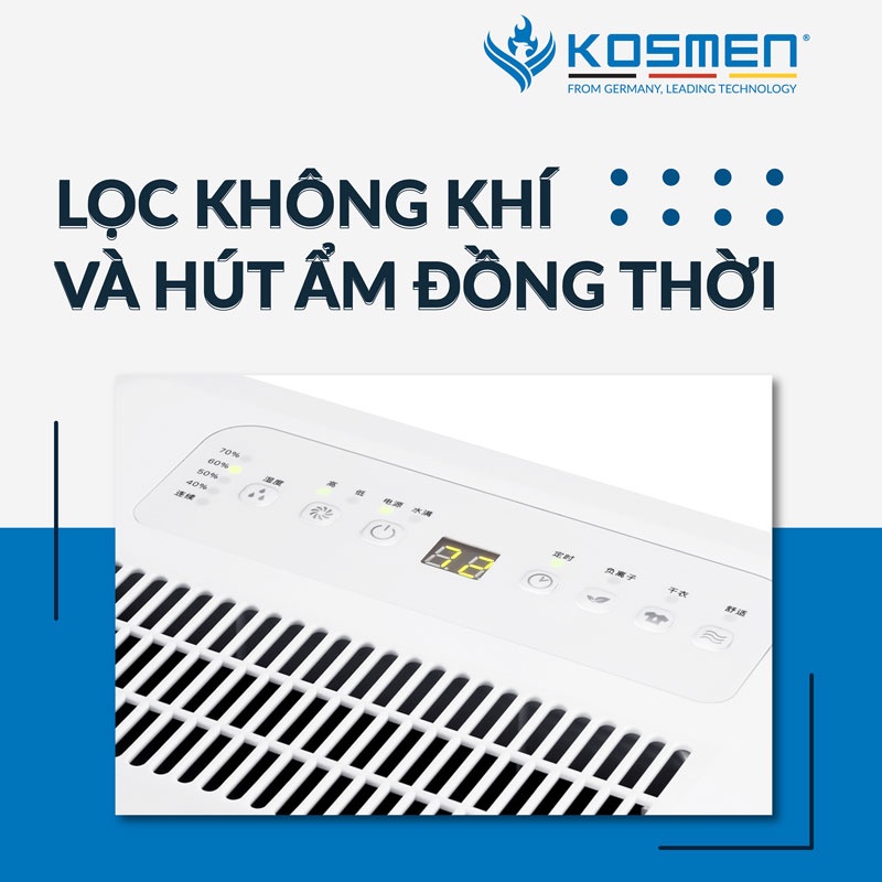 Máy hút ẩm Kosmen KM-12N – Công suất 12L-20L ngày - Diện tích 40-80m2 - Lưu lượng gió 160m3/h - Bảo hành 24 tháng