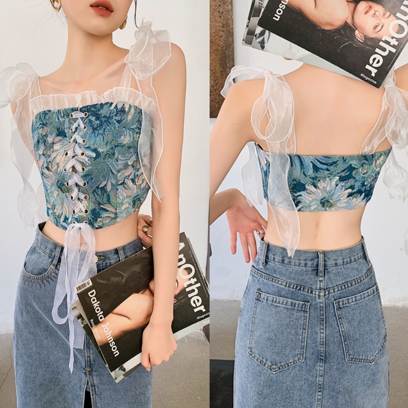 Áo Ngực Crop Top Hai Dây Vải Tuyn Che Phủ Toàn Diện Chống Trượt Dành Cho Bạn Nữ