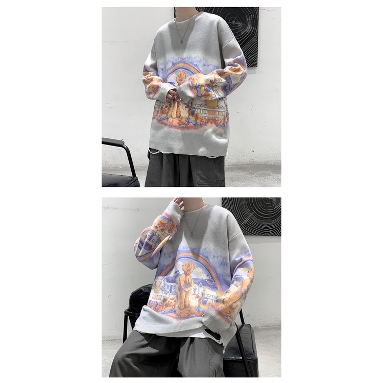 Áo sweater AOKANG dệt kim dày dáng rộng in hình gấu cầu vồng kiểu Hàn Quốc thời trang thu đông cho nam