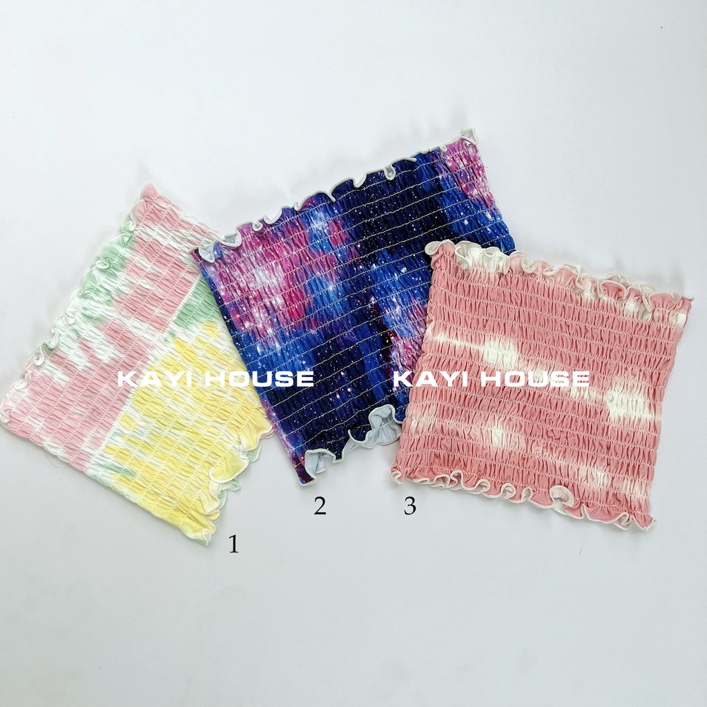 Áo Ống Croptop Viền Bèo Nhún Thân In Màu Loang Đa Sắc 080
