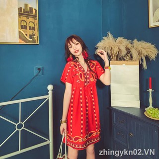 Đầm suông tay ngắn cổ chữ v họa tiết thêu thời trang cho nữ