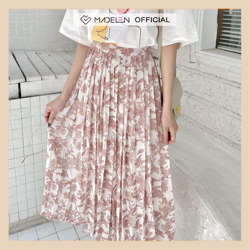 Chân váy xếp ly dài nữ MADELEN vải chiffon họa tiết hoa vintage