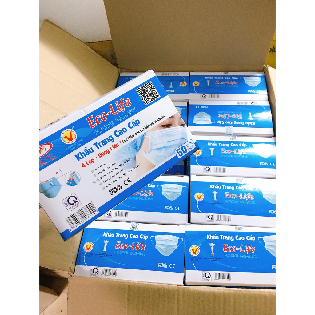 Khẩu trang y tế 4 lớp Eco- Life giấy lọc kháng khuẩn- hộp 50 cái- tân bình