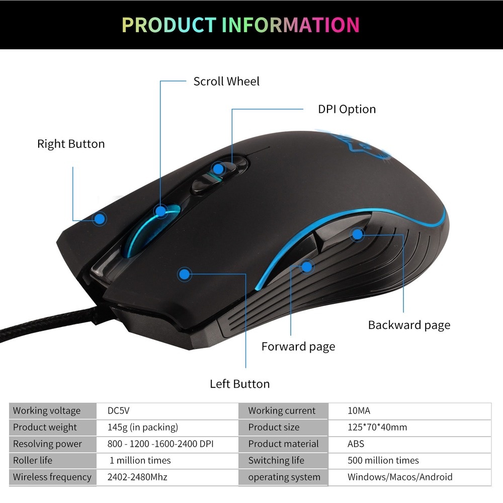 Chuột Máy Tính Có Dây 6 Nút Bấm Màu RGB Không Tiếng Ồn Dùng Để Chơi Game