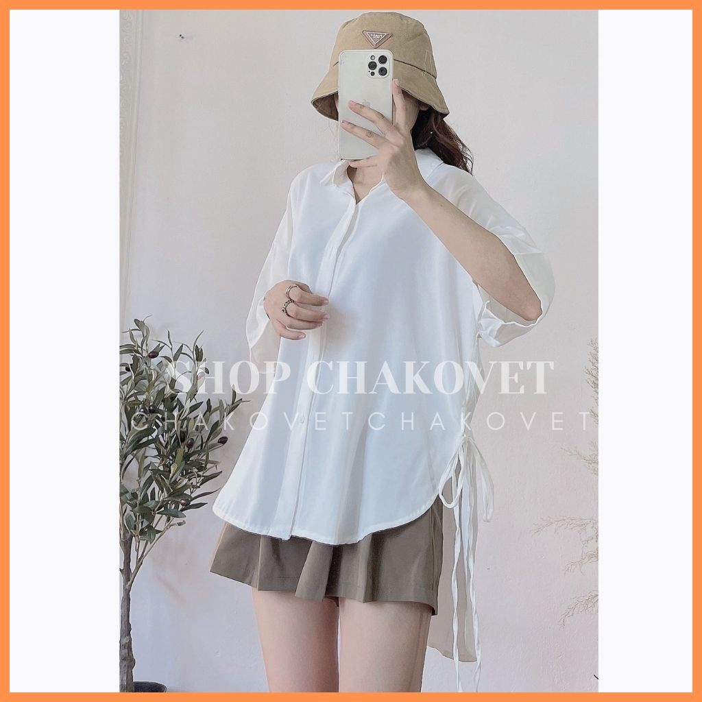 Áo babydoll nữ tay ngắn buộc nơ CKA865, mẫu áo sơ mi nữ form rộng xẻ tà 2 bên thắt nơ siêu xinh freesize <53kg mẫu mới | BigBuy360 - bigbuy360.vn