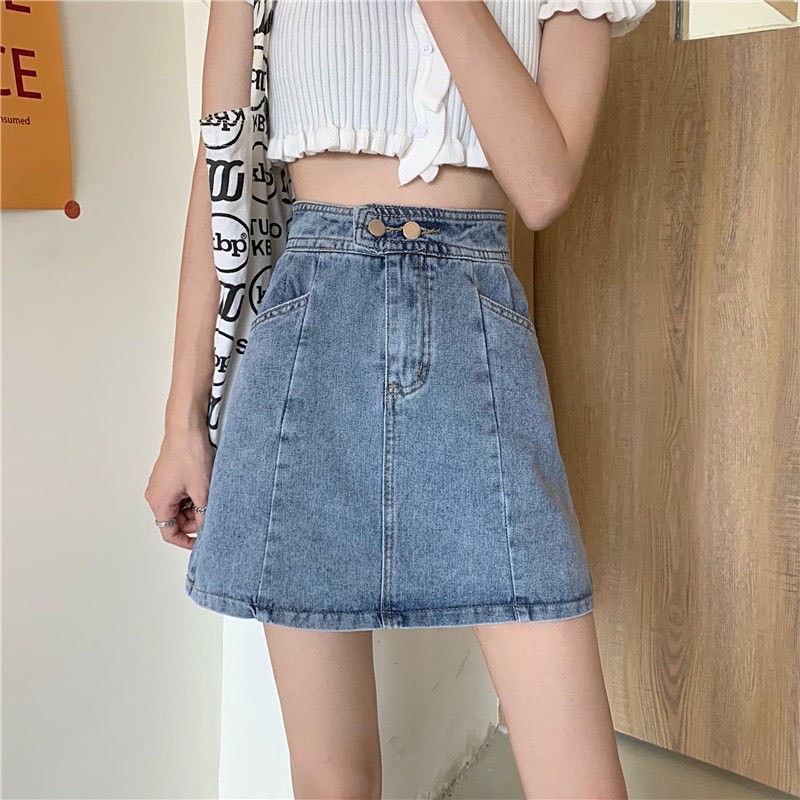Chân Váy Jeans 2 Nút Có Quần Trong Lưng Cạp Cao - Quần Váy Jeans Đại Phom A Nối Thân