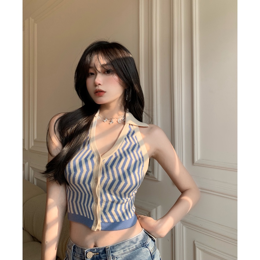 SUXI Áo tank top màu xanh thiết kế gợn sóng quyến rũ cho nữ