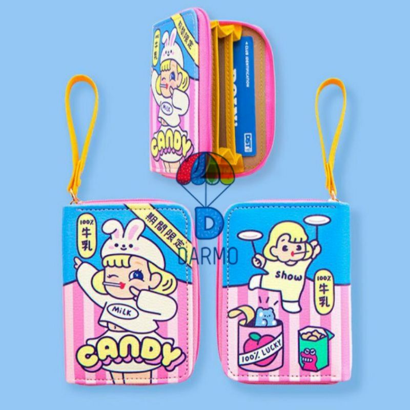 Ví mini da PU đựng thẻ nhiều ngăn Bentoy Milkjoy Dream bunny kẻ sọc hồng xanh kẹo ngọt