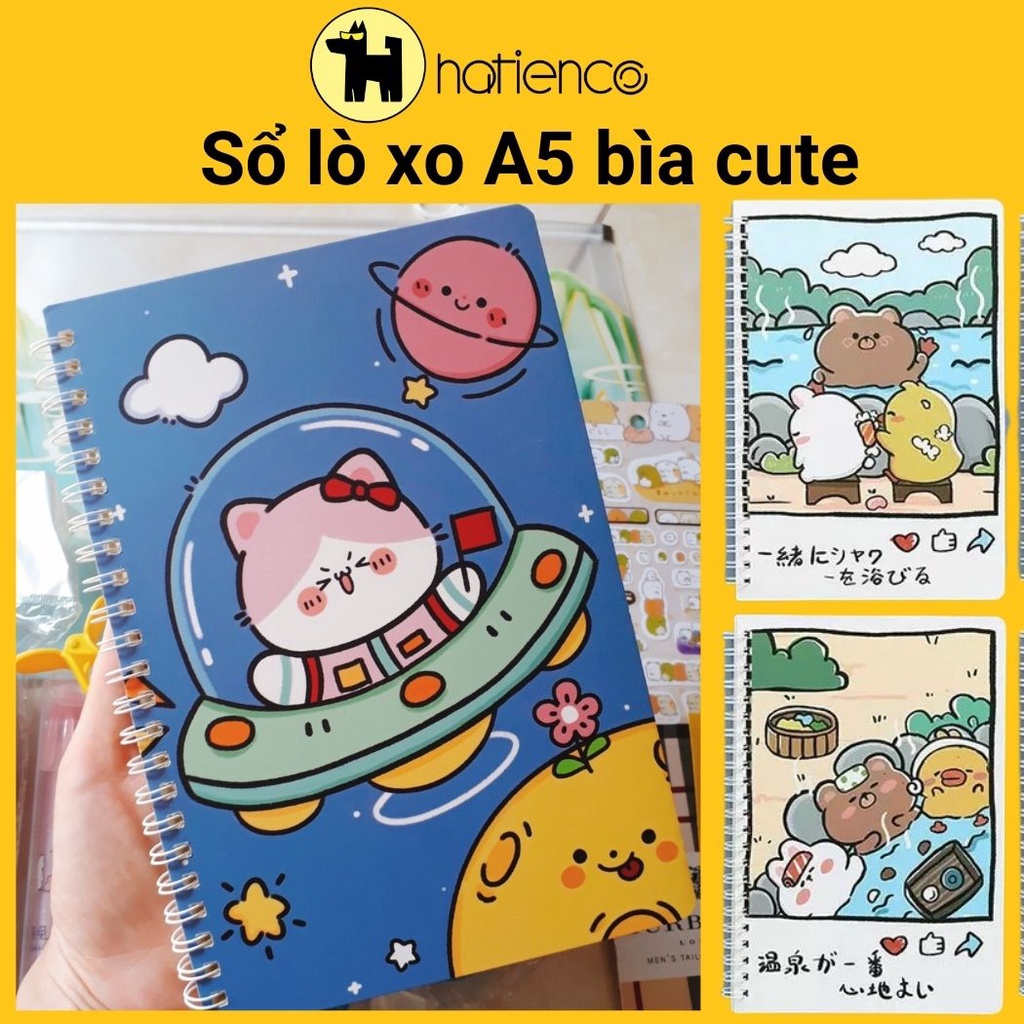 Sổ lò xo A5 bìa đẹp, giấy chống lóa kẻ hàng ngang họa tiết dễ thương