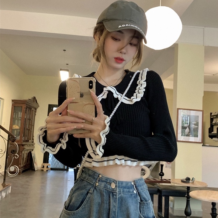 Áo dệt kim ZHELIHANGFEI tay dài cổ búp bê hở eo quyến rũ trẻ trung cho nữ