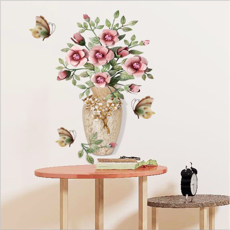 Decal trang trí tường - Chậu hoa và Hoa cổ điển hồng đậm