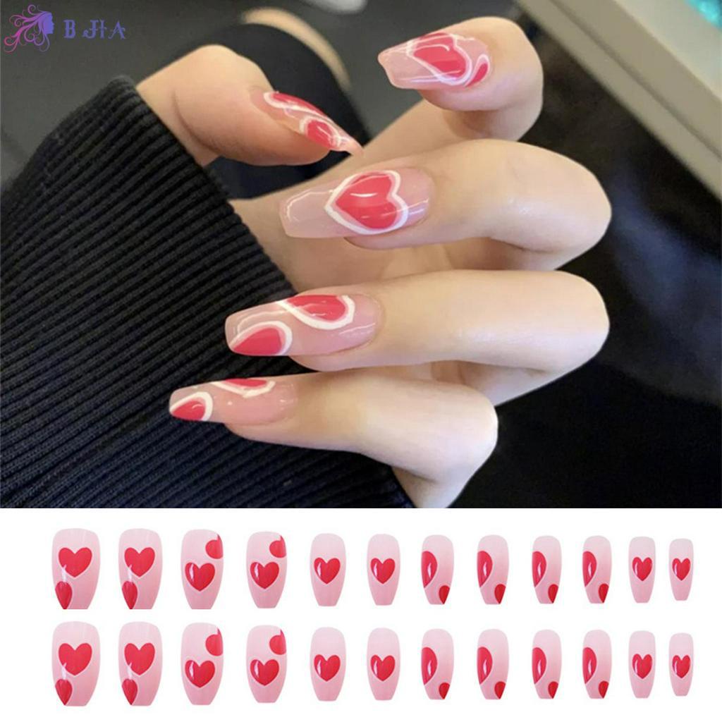 [Hàng mới về] Set 24 Móng tay giả họa tiết trái tim đỏ trang trí thời trang cho nữ