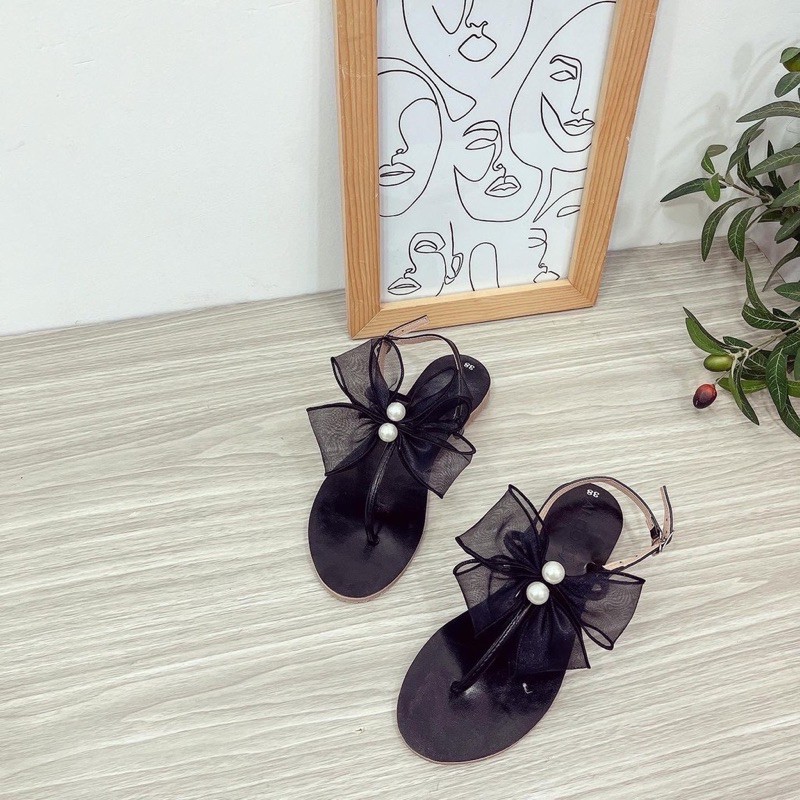 Giày Sandal Bệt Nữ kẹp quai T Đính Nơ Ngọc Hottrend HALEY STORE