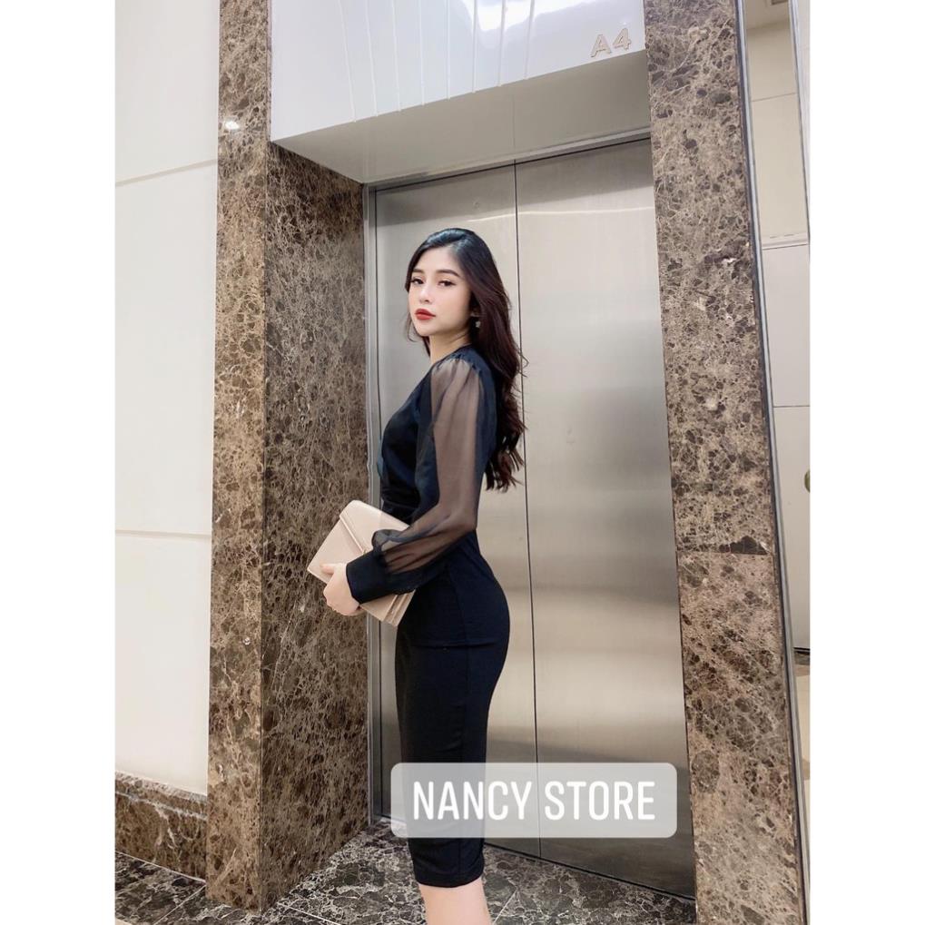 Đầm đen body đen tay dài phối voan cổ tim nhún eo chất umi Hàn Quốc co giãn tôn lên vẻ đẹp quý phái -9sd