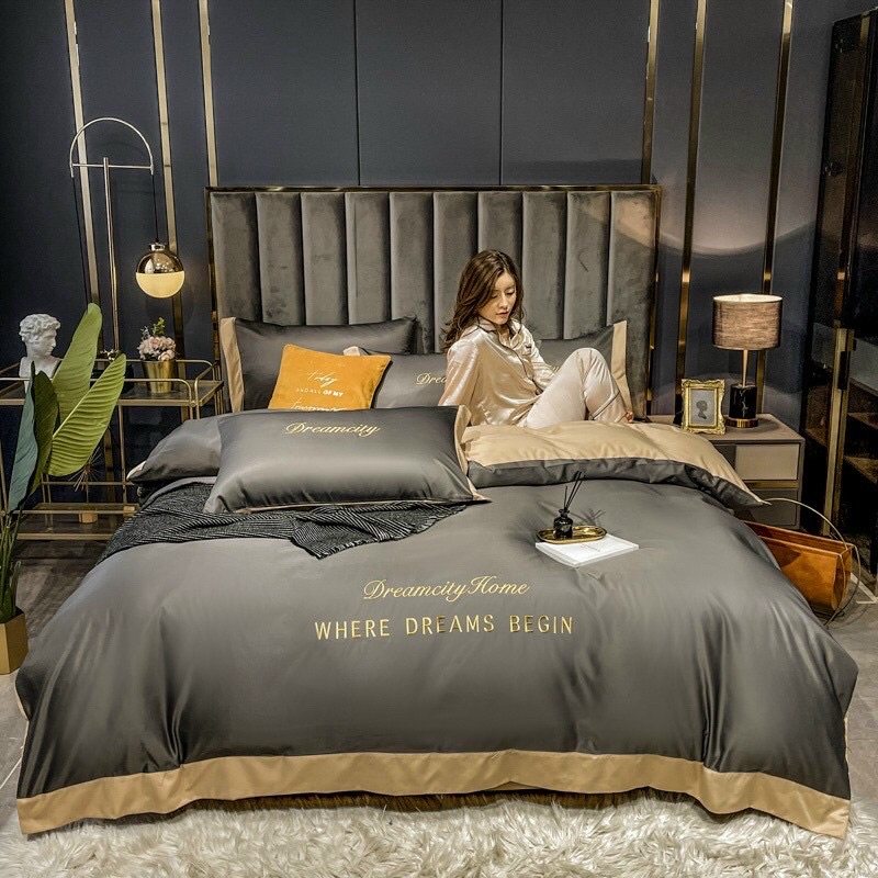 Bộ chăn ga gối cotton phi lụa Dreamcity nhập khẩu, bộ 4 món vỏ chăn ga và vỏ gối phi lụa cao cấp mềm mịn mát nhiều mầu