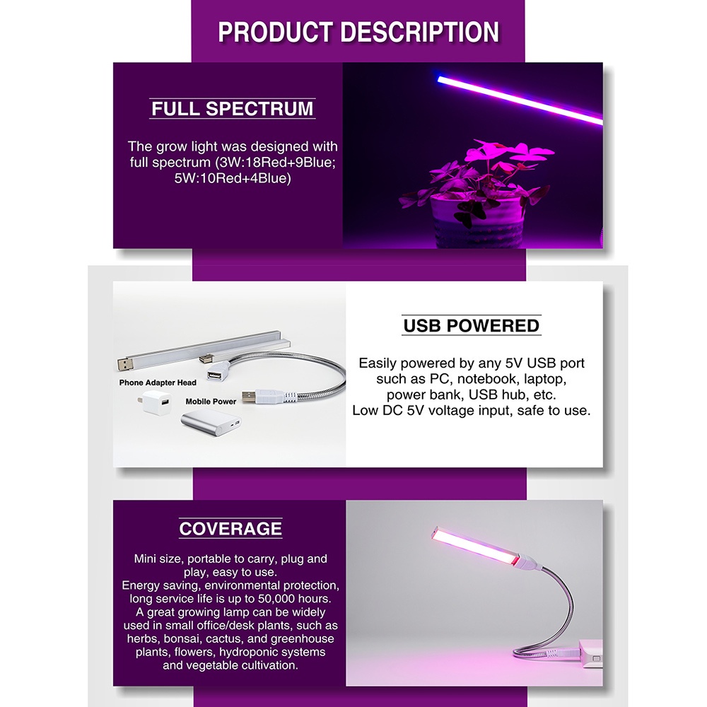 Đèn LED USB 5V 10W Kích Thích Tăng Trưởng Cho Cây Trồng Trong Nhà