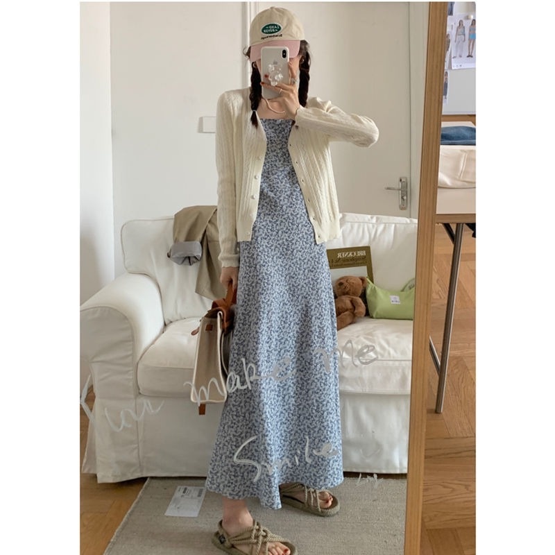 Đầm Hai Dây Ôm Eo In Họa Tiết Hoa Nhỏ Phong Cách Pháp Cổ Điển Thời Trang Cho Nữ