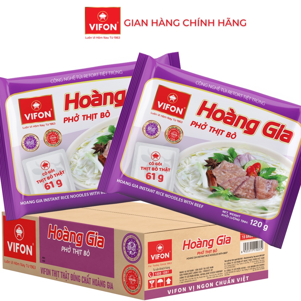 Thùng 18 Gói Phở Bò VIFON Có Gói Thịt Kèm Theo (120g/Gói)