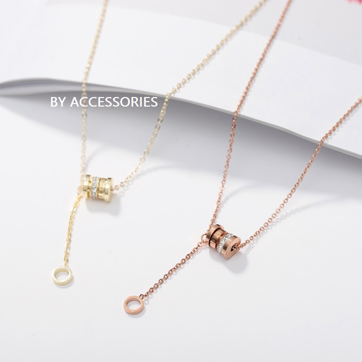 Dây chuyền titan vòng trụ đính đá thả dài không gỉ WN200406