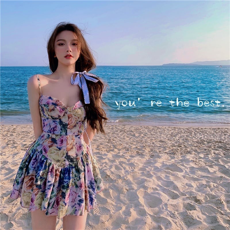 Đầm hai dây hoa hè tông tím xòe ly đi biển dạo phố Jennie