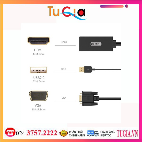 Cáp chuyển VGA + USB sang HDMI Unitek Y8711 Hàng chính hãng