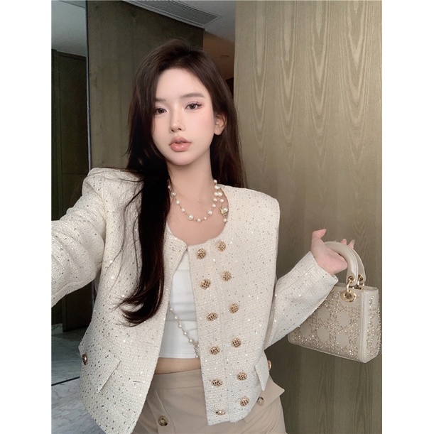 Áo dạ tweed lấp lánh cổ tròn túi nắp, 2 hàng cúc vàng lệch 1 bên nổi bật (có ảnh thật)