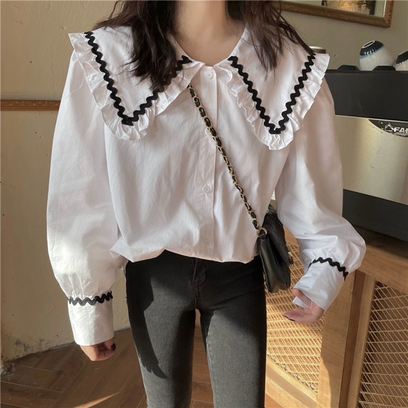 Áo sơ mi trắng tay dài dáng rộng cổ búp bê thời trang cho nữ