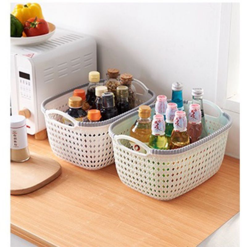 Giỏ nhựa hoa giả mây việt nhật có quai cầm màu pastel xinh xắn