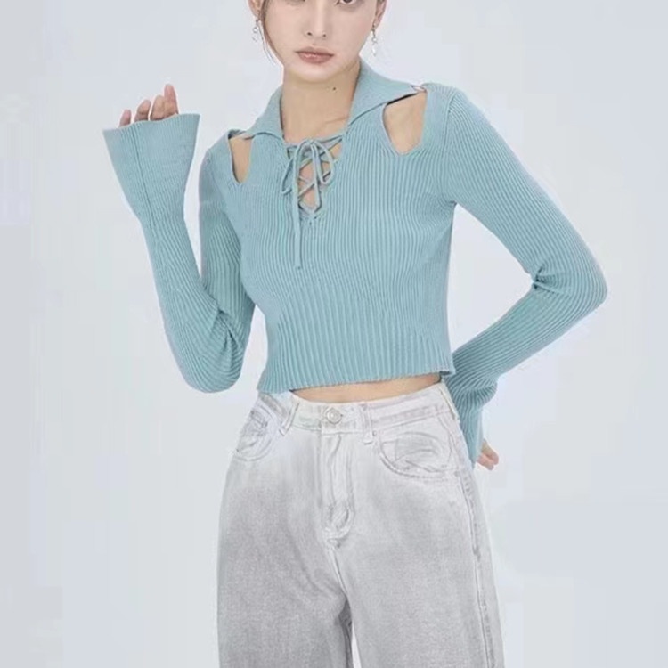 SUXI Áo Dệt Kim Trễ Vai Tay Loe Dài Thiết Kế Cổ Chữ V Quyến Rũ