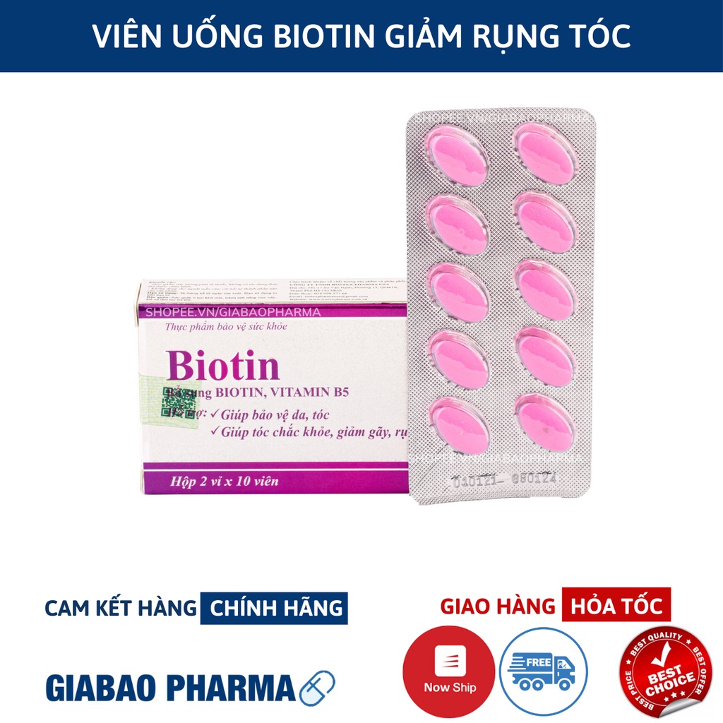 Viên uống bổ sung Biotin, Vitamin B5 giúp tóc chắc khỏe, giảm gãy rụng tóc - Hộp 20 viên