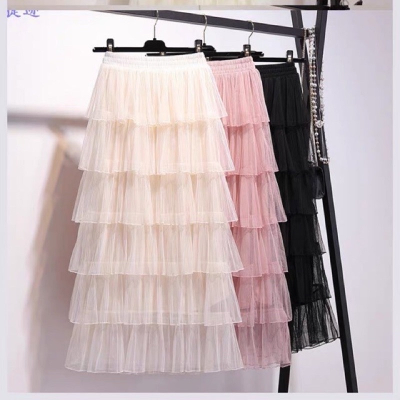 Chân váy xếp tầng 2 lớp - Chân váy dài midi bánh bèo lưng cao nhiều màu (Hàng Quảng Châu)