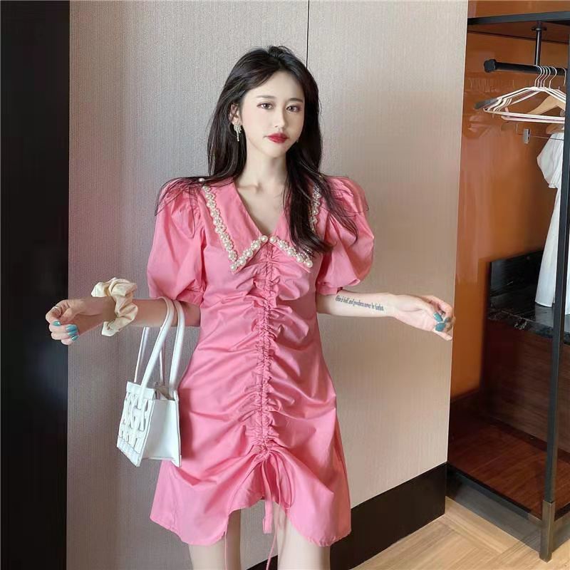 Đầm Tay Phồng Cổ Bẻ Đính Ngọc Trai Phong Cách Pháp Thời Trang Mùa Hè Cho Nữ