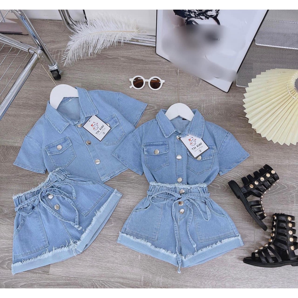 Set jean quần đùi/áo somi bé gái 20-35kg