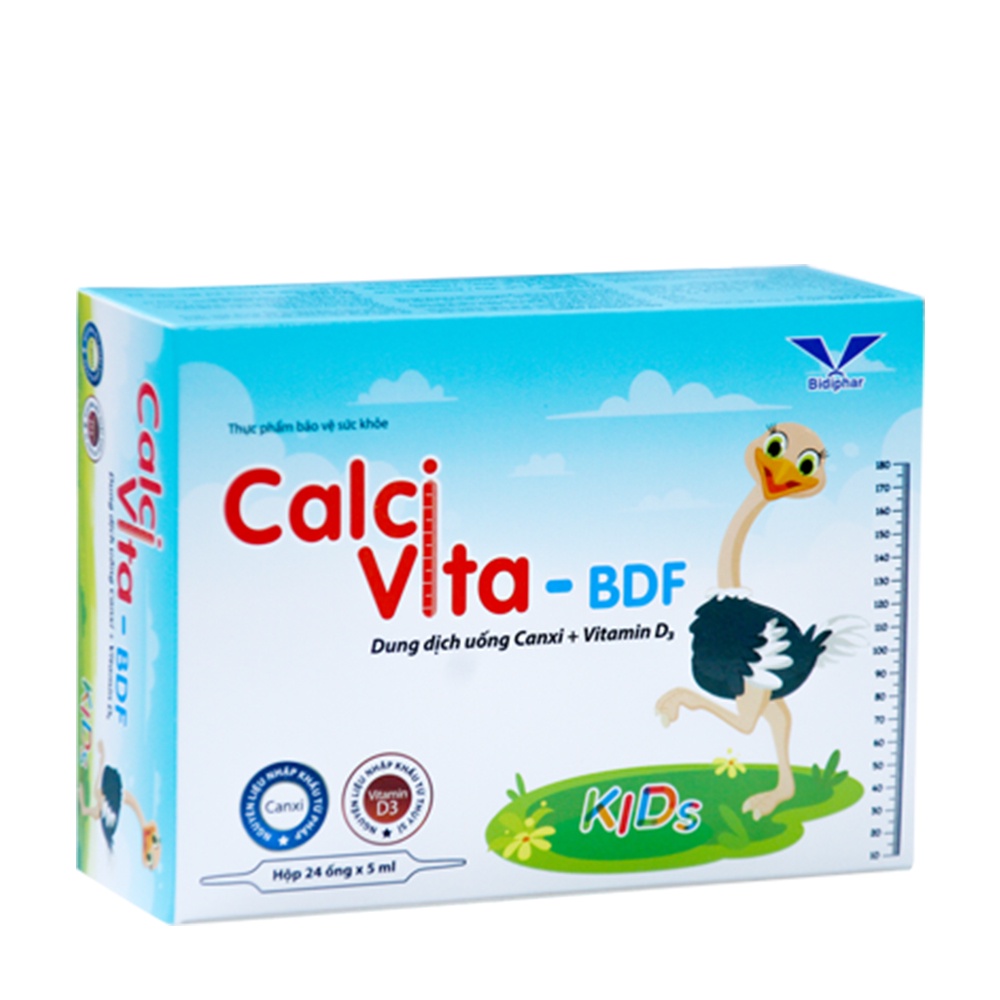 Thực phẩm bảo vệ sức khỏe ống uống bổ sung canxi cho trẻ em BDF Kids - Bidiphar Calci Vita (Hộp 24 ống x 5ml)