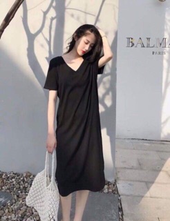 Váy suông basic cổ tym dáng dài chất cotton(2 màu đen-xám)
