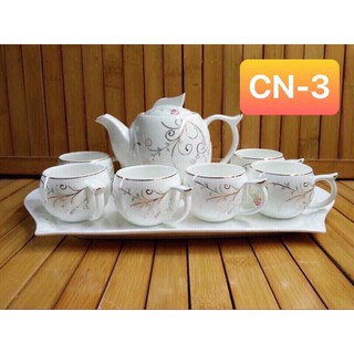 Bộ ấm chén sứ trắng cao cấp nhiều hoa văn độc đáo, đẹp mắt giá cực rẻ, Bộ ấm pha trà kèm cốc uống trà có quai cầm chống.