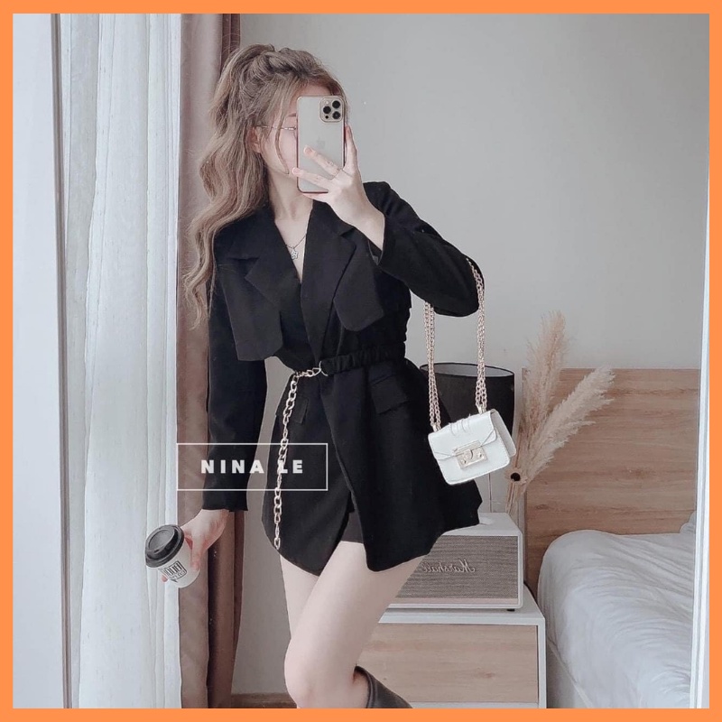 Set áo vest blazer kèm đai màu nâu và đen sang trọng cho nữ THỜI TRANG 1989