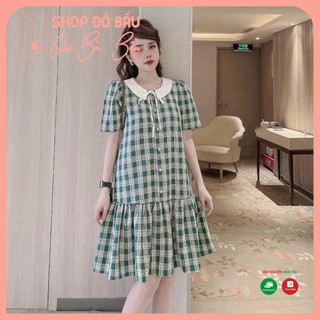 Váy bầu công sở - đầm bầu mùa hè kẻ xanh chất thô hàn mềm mịn BN45