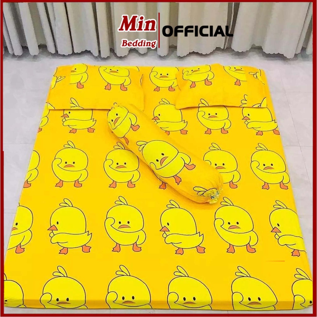 Bộ Ga Gối M6 M8 Ga Giường + 2 Vỏ Gối Nằm, Drap Trải Nệm Cotton Poly mẫu Vịt Vàng - Min Bedding (Miễn Phí Bo Chun)