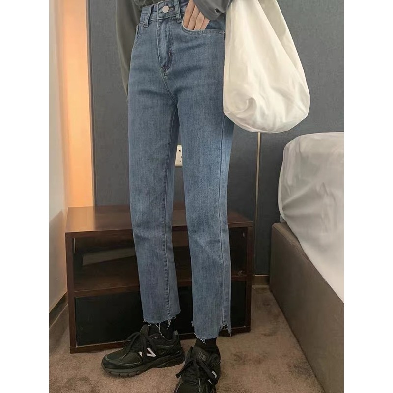 Quần slim jean gấu cắt vuông kiểu lưng cao ulzzang quảng châu có BIGSIZE