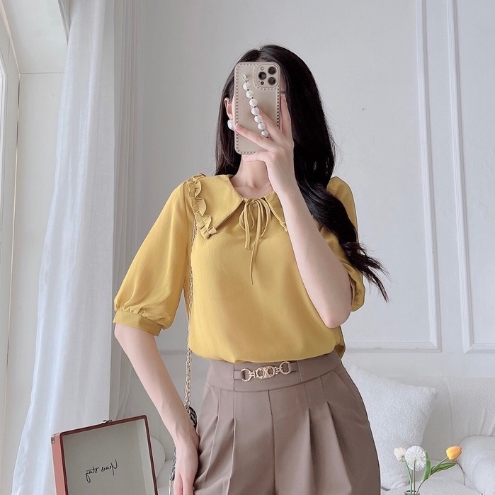 Áo sơ mi tay lỡ voan cổ đức gắn nơ dây trơn chất vải voan xước cao cấp thoáng mát EvaLover