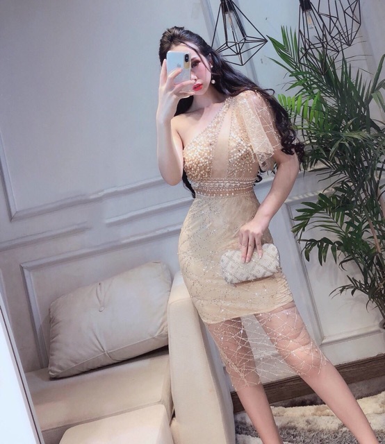 Đầm body phối lưới kết chuỗi cườm (kèm feeback của khách)